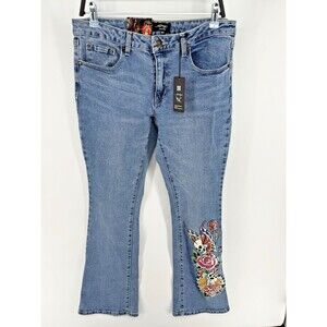 Ed Hardy Jeans Women's 30 Skulls Fit Flare Leg Retro Light Blue Pink Logo